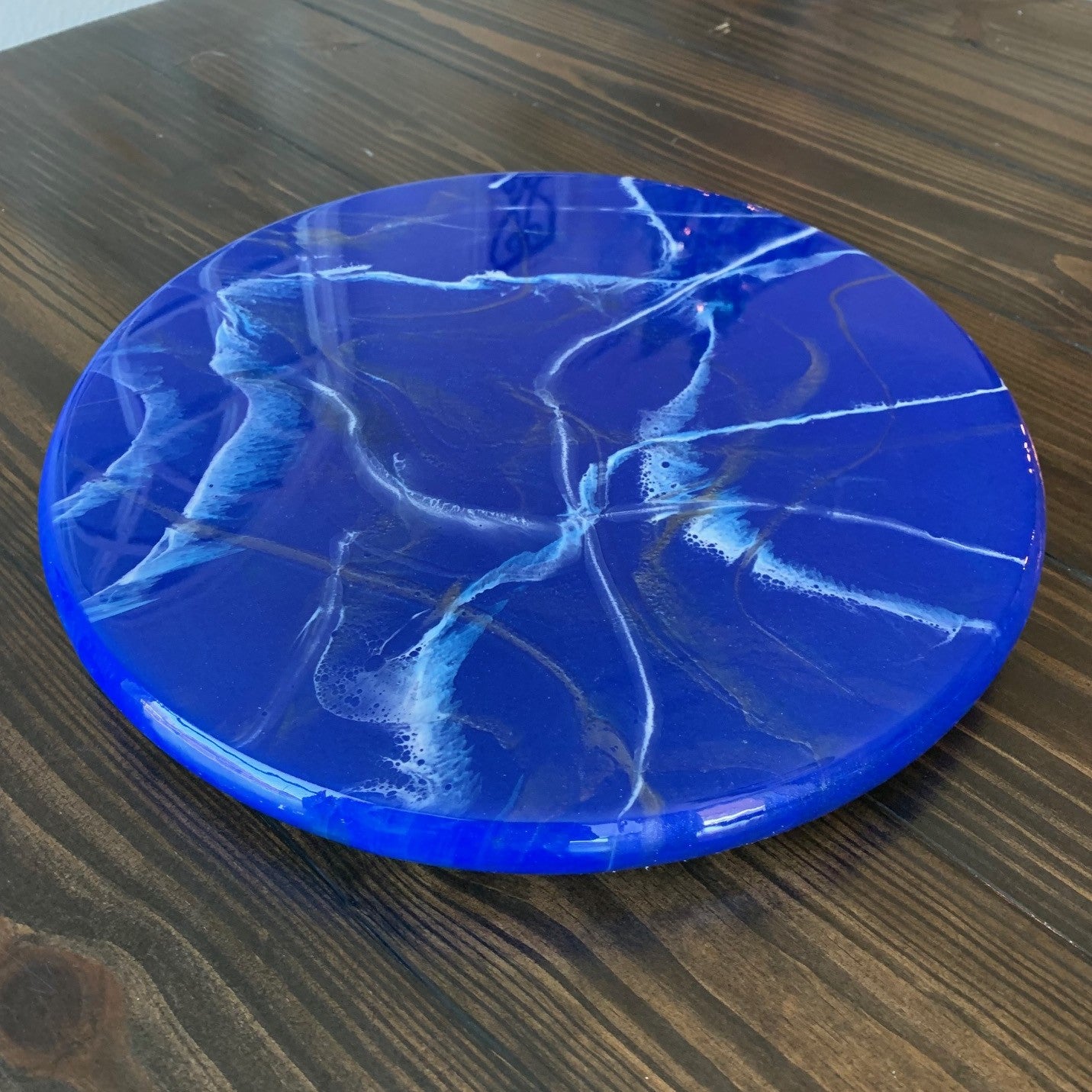 Blue marble resin and wood lazy susan